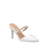 Evelyn Mule - White Satin Pearl 4 Stiletto
