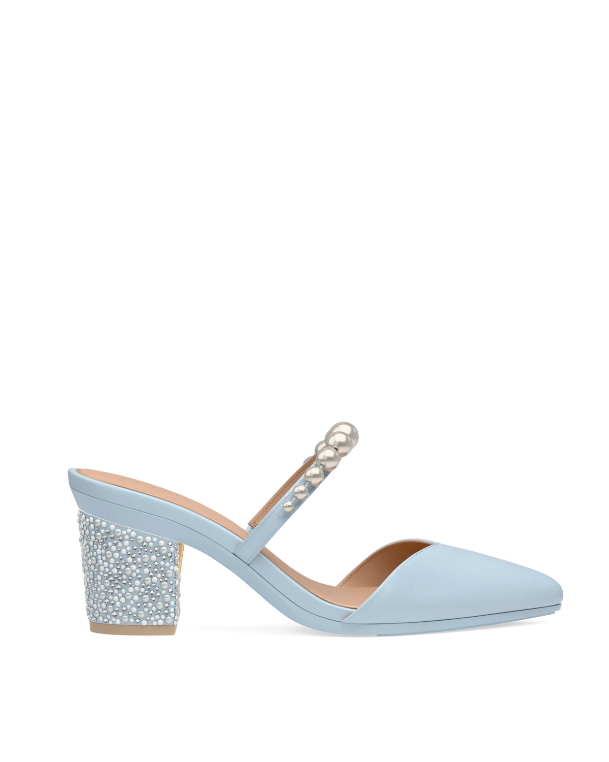 Block Heel Kit 3 Baby Blue Pearl & Rhinestone shown on the Evelyn Baby Blue Satin Pearl upper. Pashion convertible heels go from heel to flat and are customizable with interchangeable heel kits.