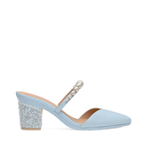 Block Heel Kit 3 Baby Blue Pearl & Rhinestone shown on the Evelyn Baby Blue Satin Pearl upper. Pashion convertible heels go from heel to flat and are customizable with interchangeable heel kits.