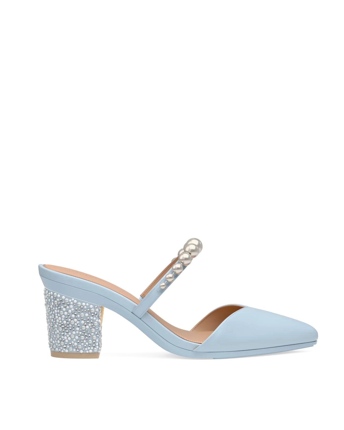 Block Heel Kit 3 Baby Blue Pearl & Rhinestone shown on the Evelyn Baby Blue Satin Pearl upper. Pashion convertible heels go from heel to flat and are customizable with interchangeable heel kits.