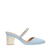 Cylinder Block Heel Kit 3 Mother of Pearl shown on the Evelyn Baby Blue Satin Pearl upper. Pashion convertible heels go from heel to flat and are customizable with interchangeable heel kits.