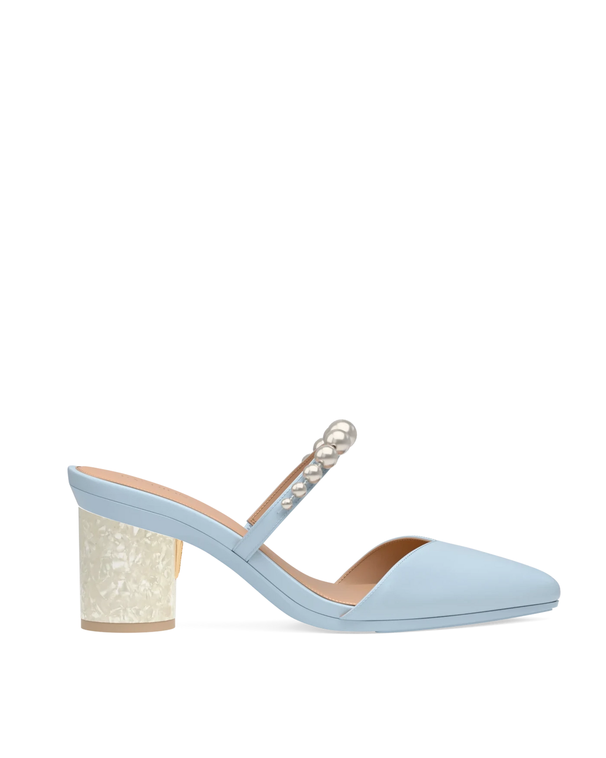 Cylinder Block Heel Kit 3 Mother of Pearl shown on the Evelyn Baby Blue Satin Pearl upper. Pashion convertible heels go from heel to flat and are customizable with interchangeable heel kits.
