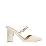 Block Heel Kit 4 Iridescent Mother of Pearl shown on the Evelyn Ivory Satin Pearl upper. Pashion convertible heels go from heel to flat and are customizable with interchangeable heel kits.