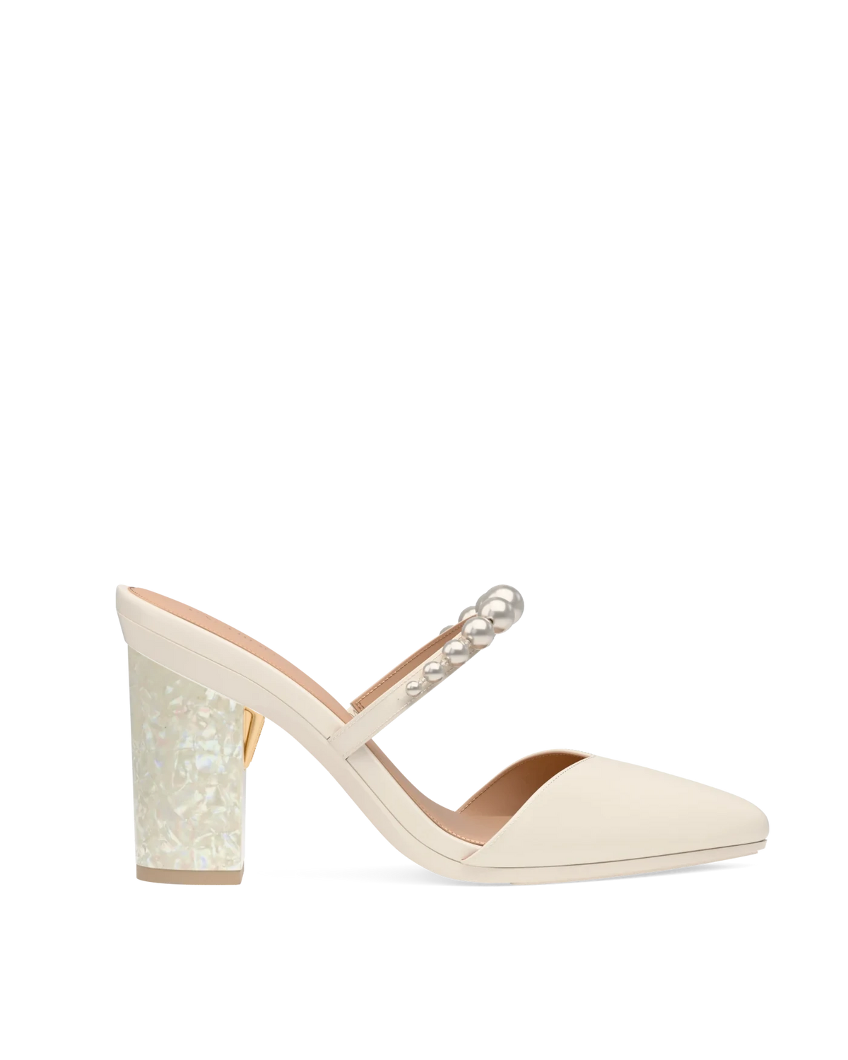 Block Heel Kit 4 Iridescent Mother of Pearl shown on the Evelyn Ivory Satin Pearl upper. Pashion convertible heels go from heel to flat and are customizable with interchangeable heel kits.