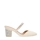 Block Heel Kit 3 Ivory Pearl & Rhinestone shown on the Evelyn Ivory Satin Pearl upper. Pashion convertible heels go from heel to flat and are customizable with interchangeable heel kits.