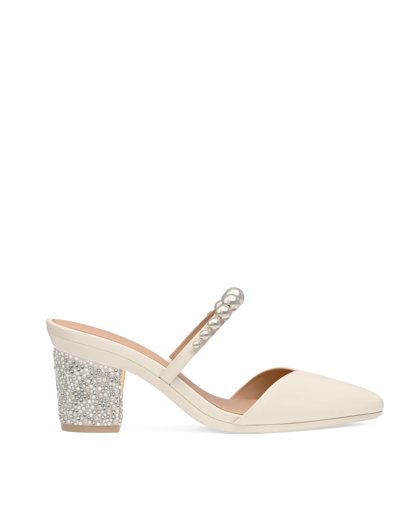 Block Heel Kit 3 Ivory Pearl & Rhinestone shown on the Evelyn Ivory Satin Pearl upper. Pashion convertible heels go from heel to flat and are customizable with interchangeable heel kits.