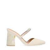 Flare Block Heel Kit 4 Mother of Pearl shown on the Evelyn Ivory Satin Pearl upper. Pashion convertible heels go from heel to flat and are customizable with interchangeable heel kits.