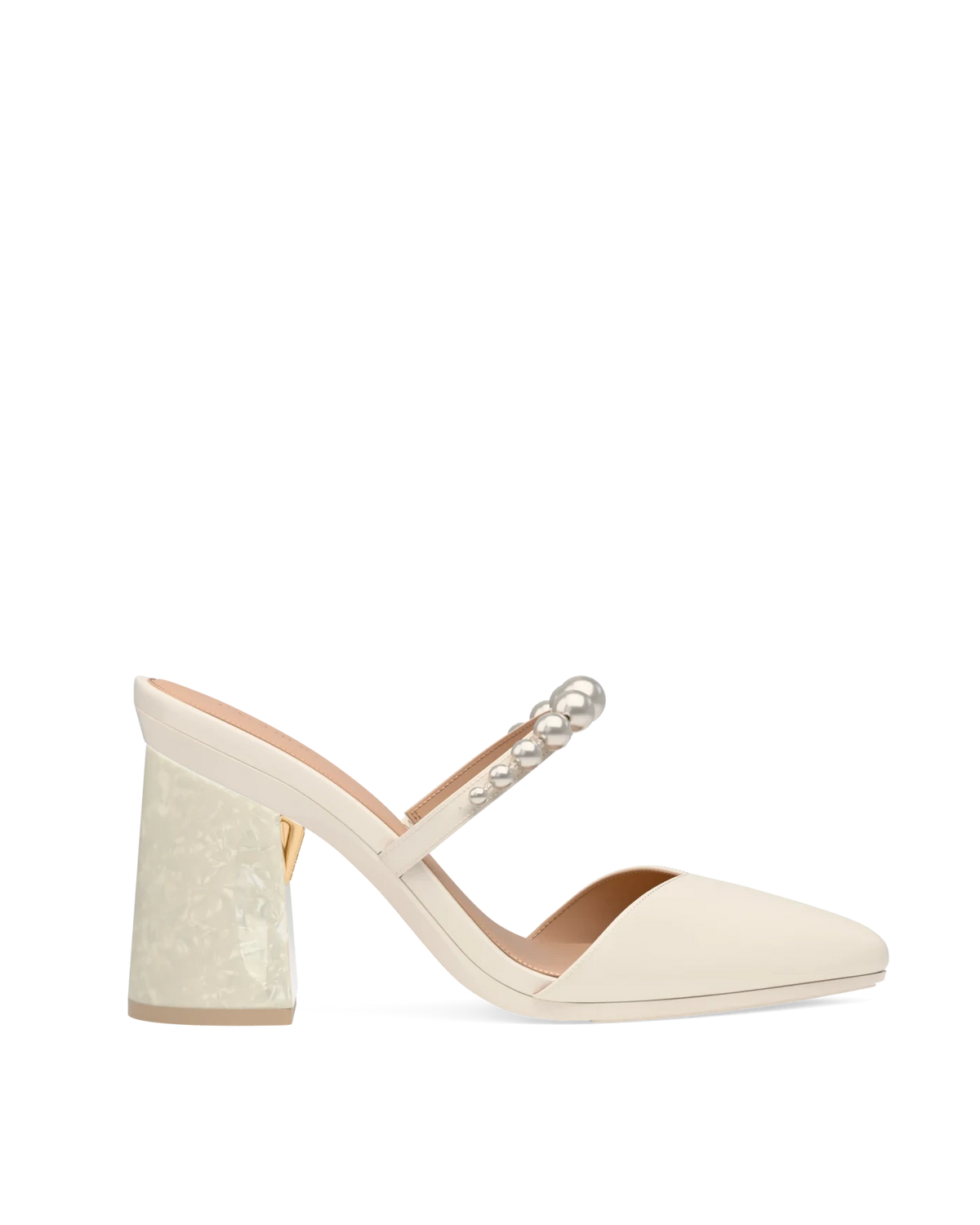 Flare Block Heel Kit 4 Mother of Pearl shown on the Evelyn Ivory Satin Pearl upper. Pashion convertible heels go from heel to flat and are customizable with interchangeable heel kits.