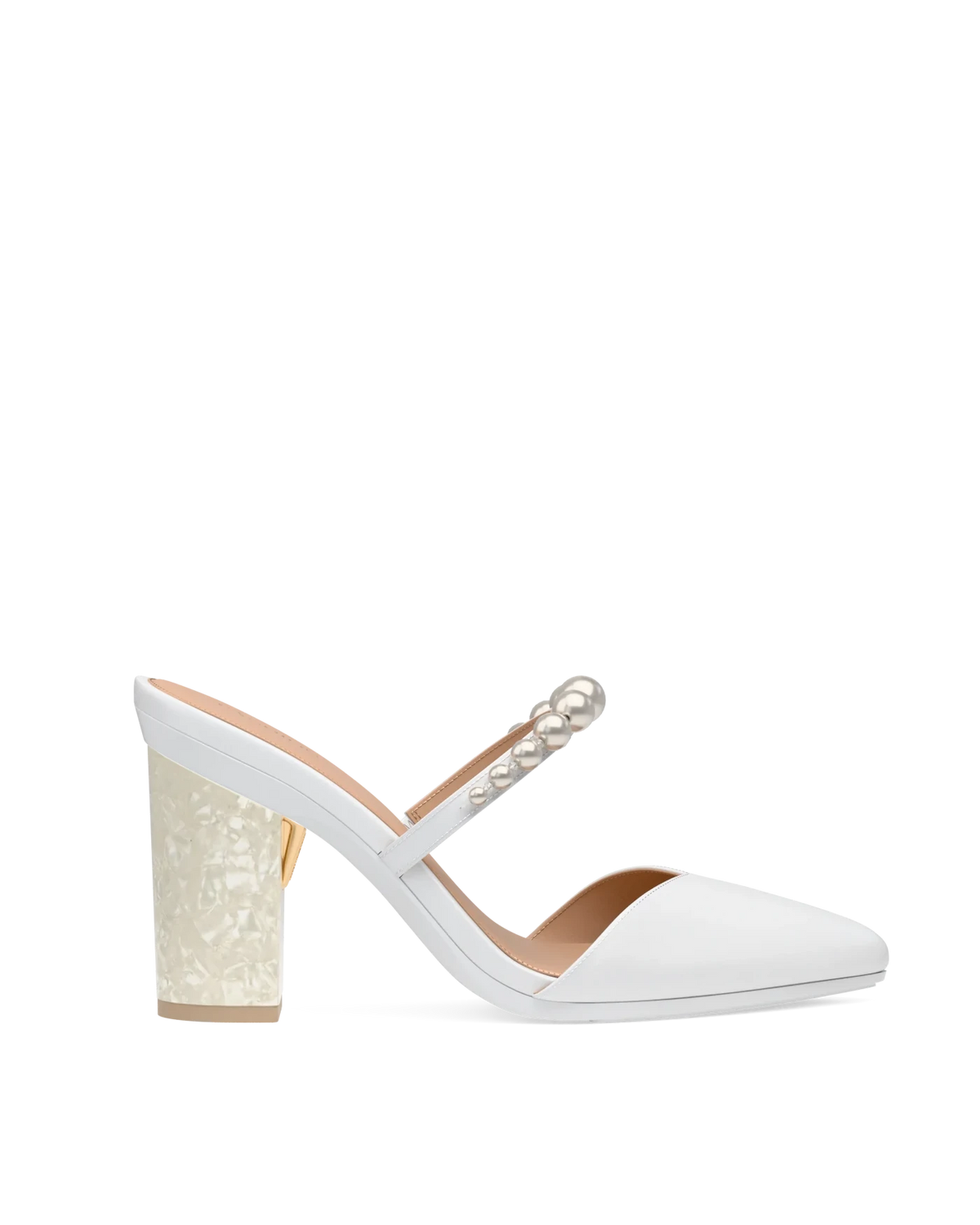 Block Heel Kit 4 Mother of Pearl shown on the Evelyn White Satin Pearl upper. Pashion convertible heels go from heel to flat and are customizable with interchangeable heel kits.