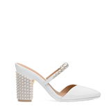 Block Heel Kit 4 White Pearl Drop shown on the Evelyn White Satin Pearl upper. Pashion convertible heels go from heel to flat and are customizable with interchangeable heel kits.
