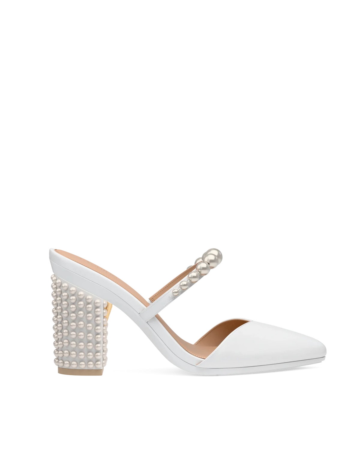 Block Heel Kit 4 White Pearl Drop shown on the Evelyn White Satin Pearl upper. Pashion convertible heels go from heel to flat and are customizable with interchangeable heel kits.