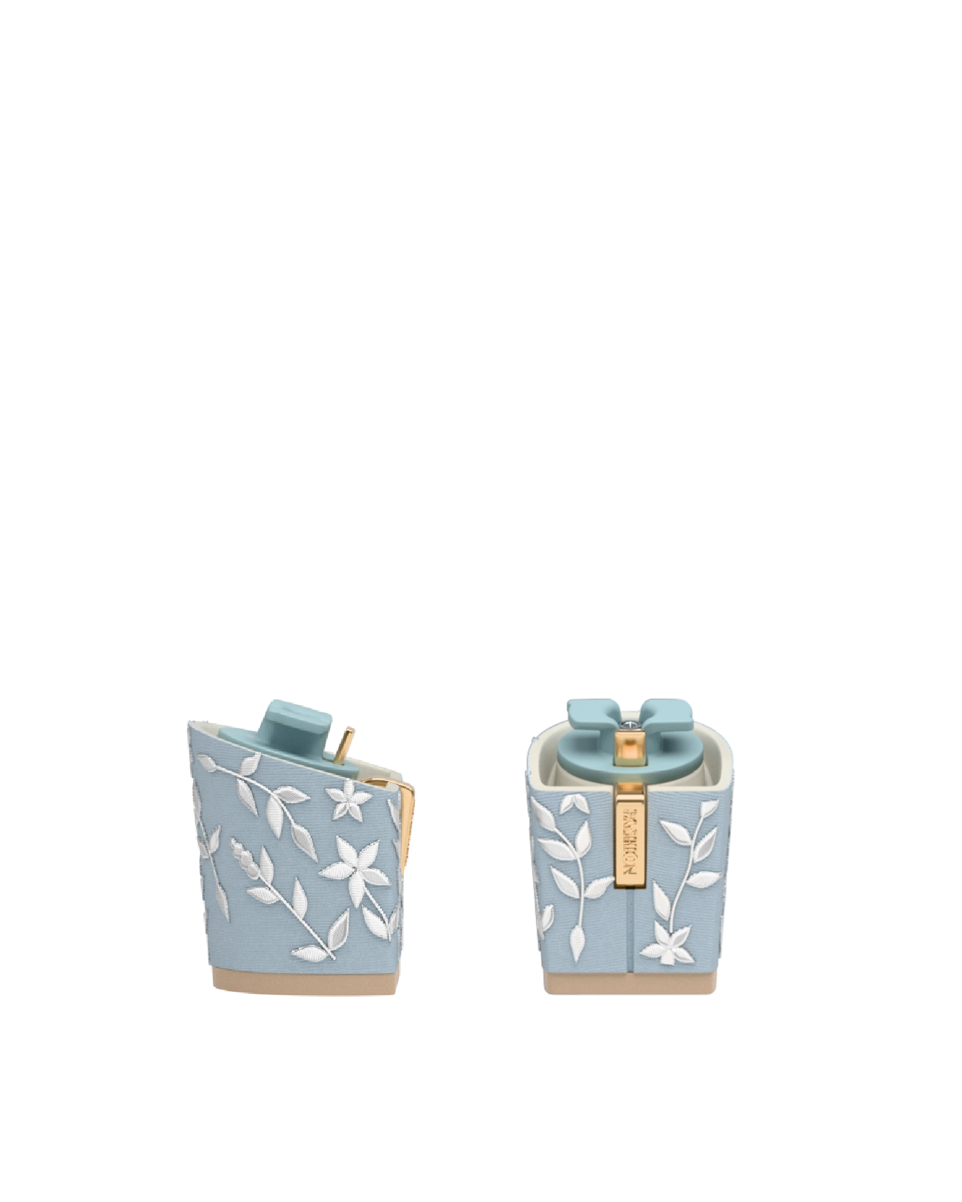 Block Heel Kit 3 Baby Blue Floral Embroidery, 3-inch interchangeable block heel. Pashion convertible heels go from heel to flat and are customizable with interchangeable heel kits.