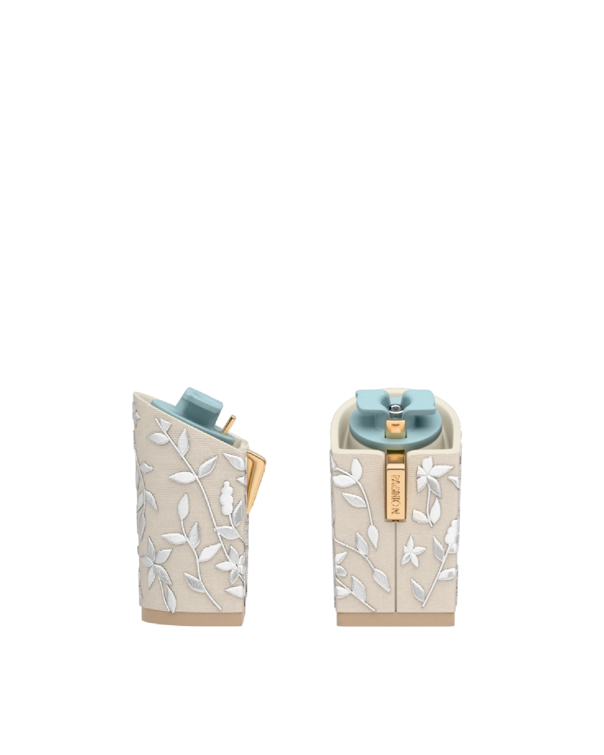 Block Heel Kit 4 Ivory Floral Embroidery, 4-inch interchangeable block heel. Pashion convertible heels go from heel to flat and are customizable with interchangeable heel kits.