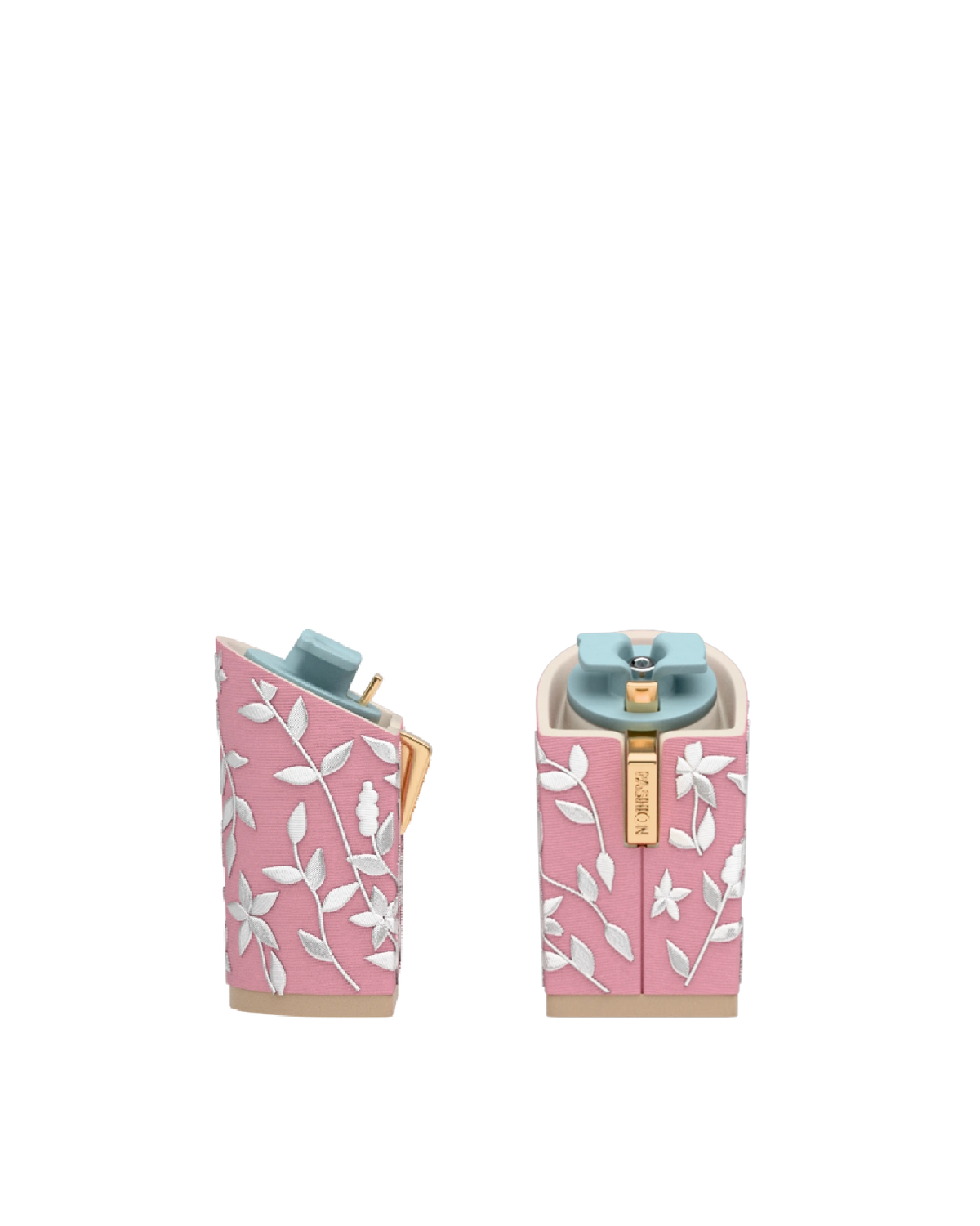 Block Heel Kit 4 Pink Floral Embroidery, 4-inch interchangeable block heel. Pashion convertible heels go from heel to flat and are customizable with interchangeable heel kits.