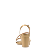 back view of a convertible matte gold strappy open toe block heel sandal