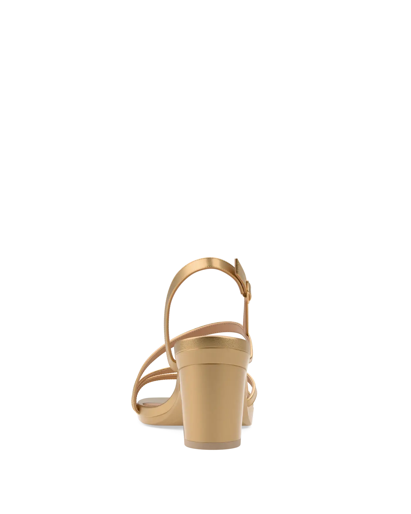back view of a convertible matte gold strappy open toe block heel sandal