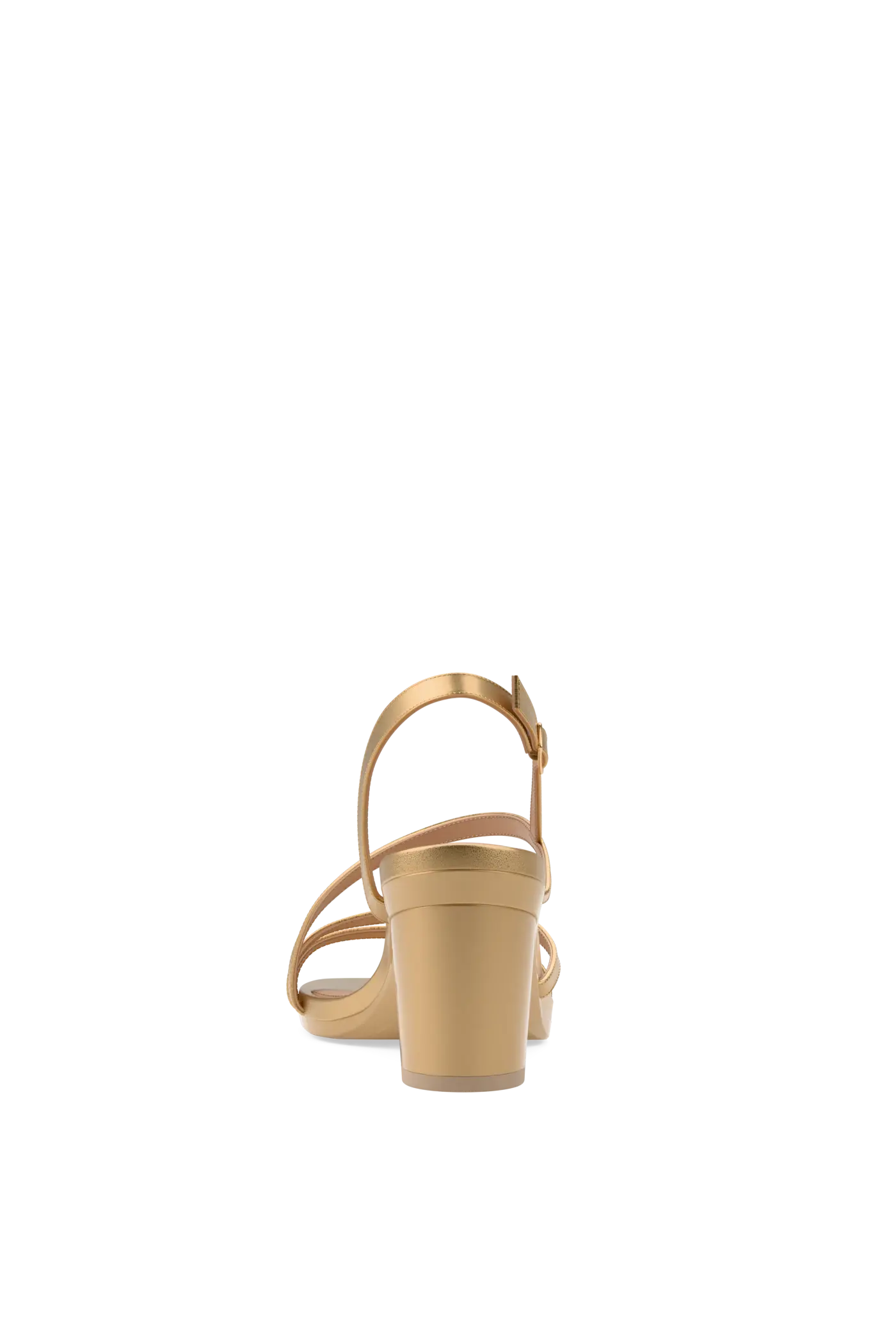 back view of a convertible matte gold strappy open toe block heel sandal