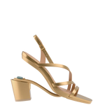 a convertible matte gold strappy open toe block heel sandal