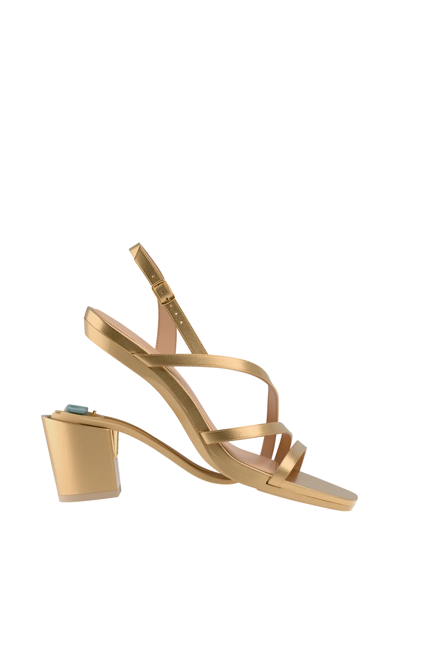 a convertible matte gold strappy open toe block heel sandal