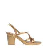 a matte gold strappy open toe block heel sandal