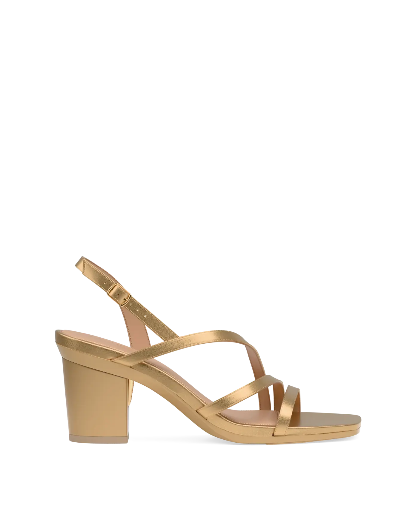 a matte gold strappy open toe block heel sandal