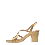 a convertible matte gold strappy open toe block heel sandal