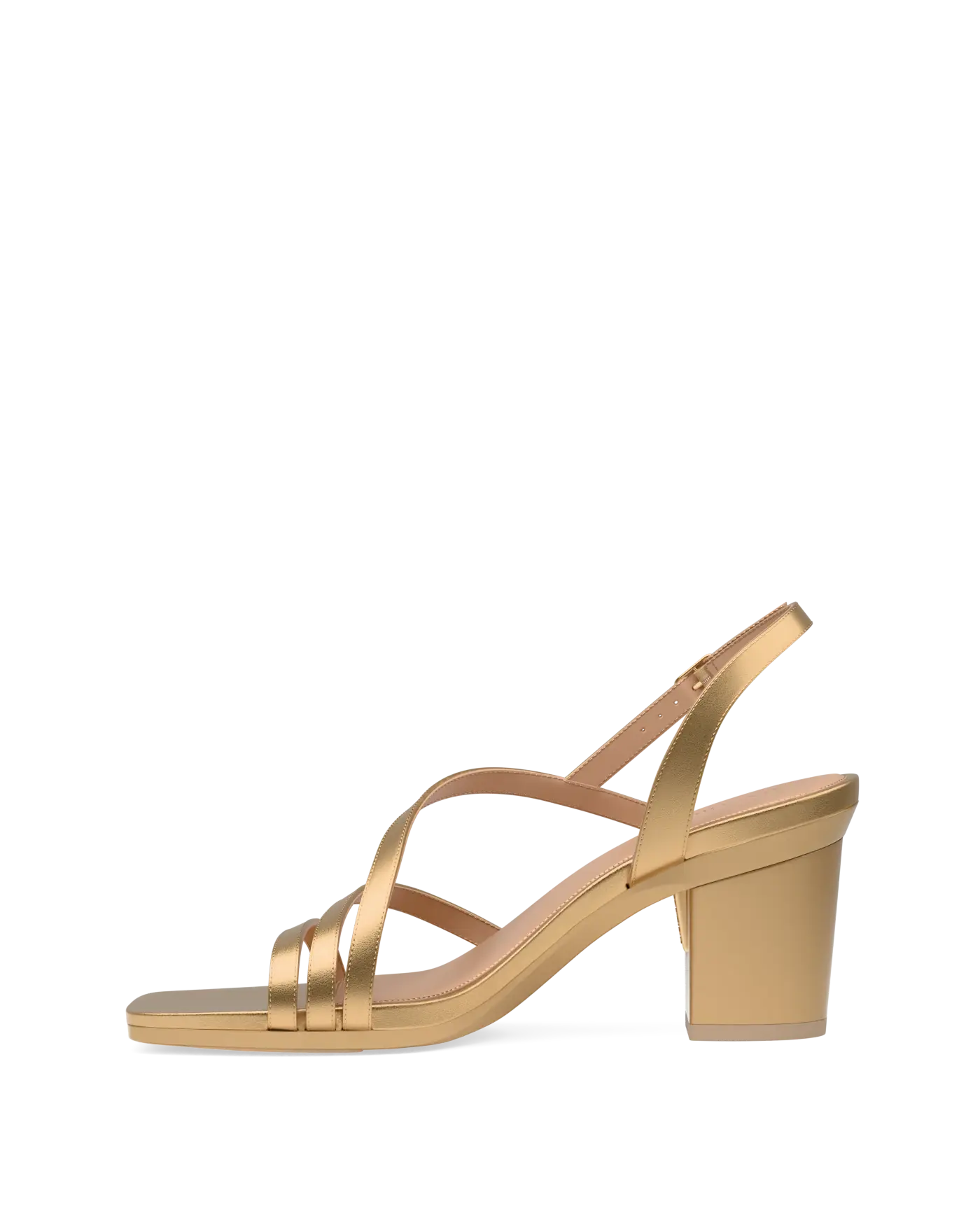 a convertible matte gold strappy open toe block heel sandal
