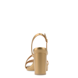 a back view of a matte gold strappy open toe block heel sandal