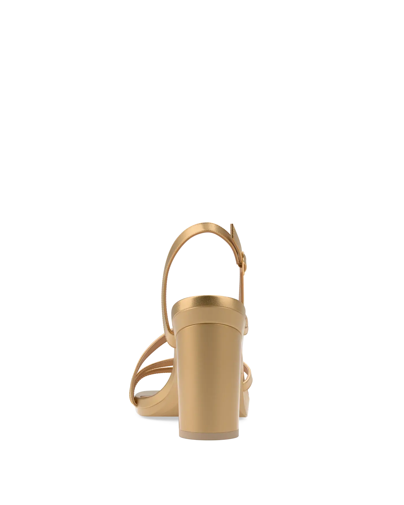 a back view of a matte gold strappy open toe block heel sandal