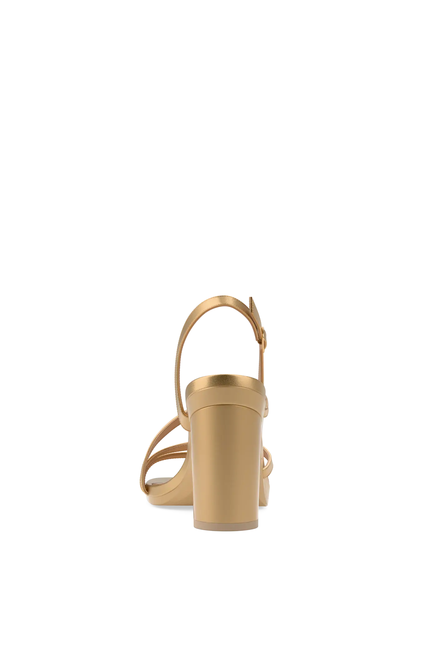 a back view of a matte gold strappy open toe block heel sandal