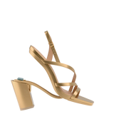 a convertible, matte gold strappy open toe block heel sandal