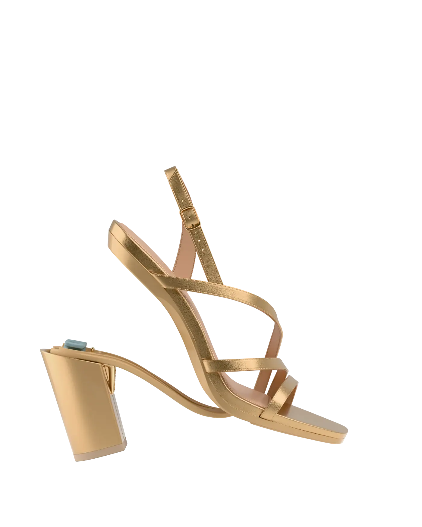 a convertible, matte gold strappy open toe block heel sandal