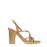 a matte gold strappy open toe block heel sandal