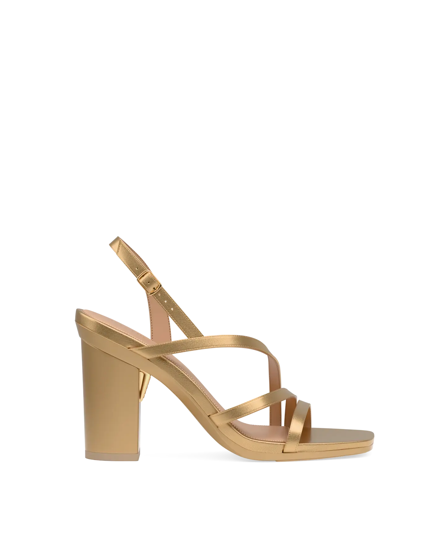 a matte gold strappy open toe block heel sandal