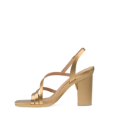 a matte gold strappy open toe block heel sandal