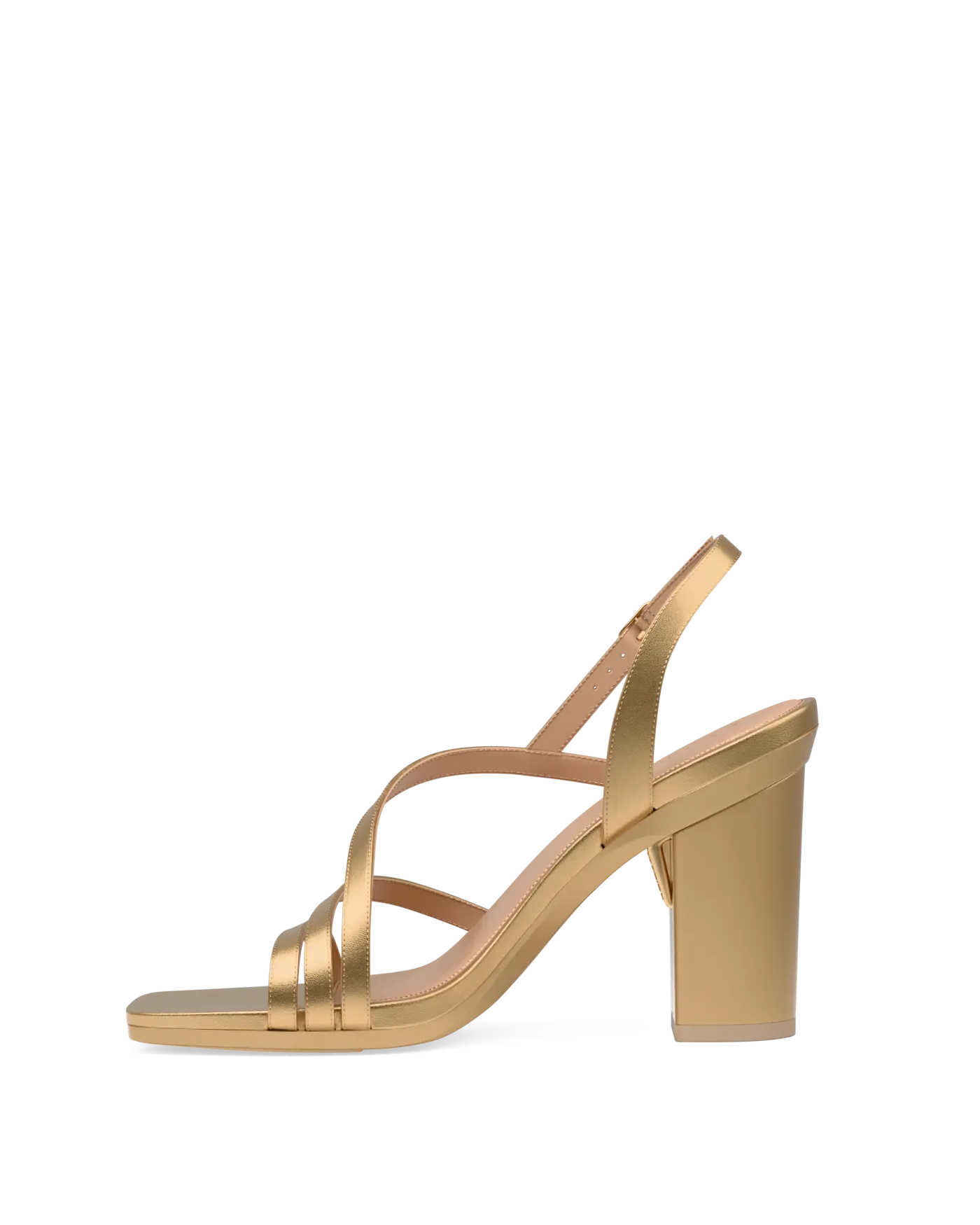 a matte gold strappy open toe block heel sandal
