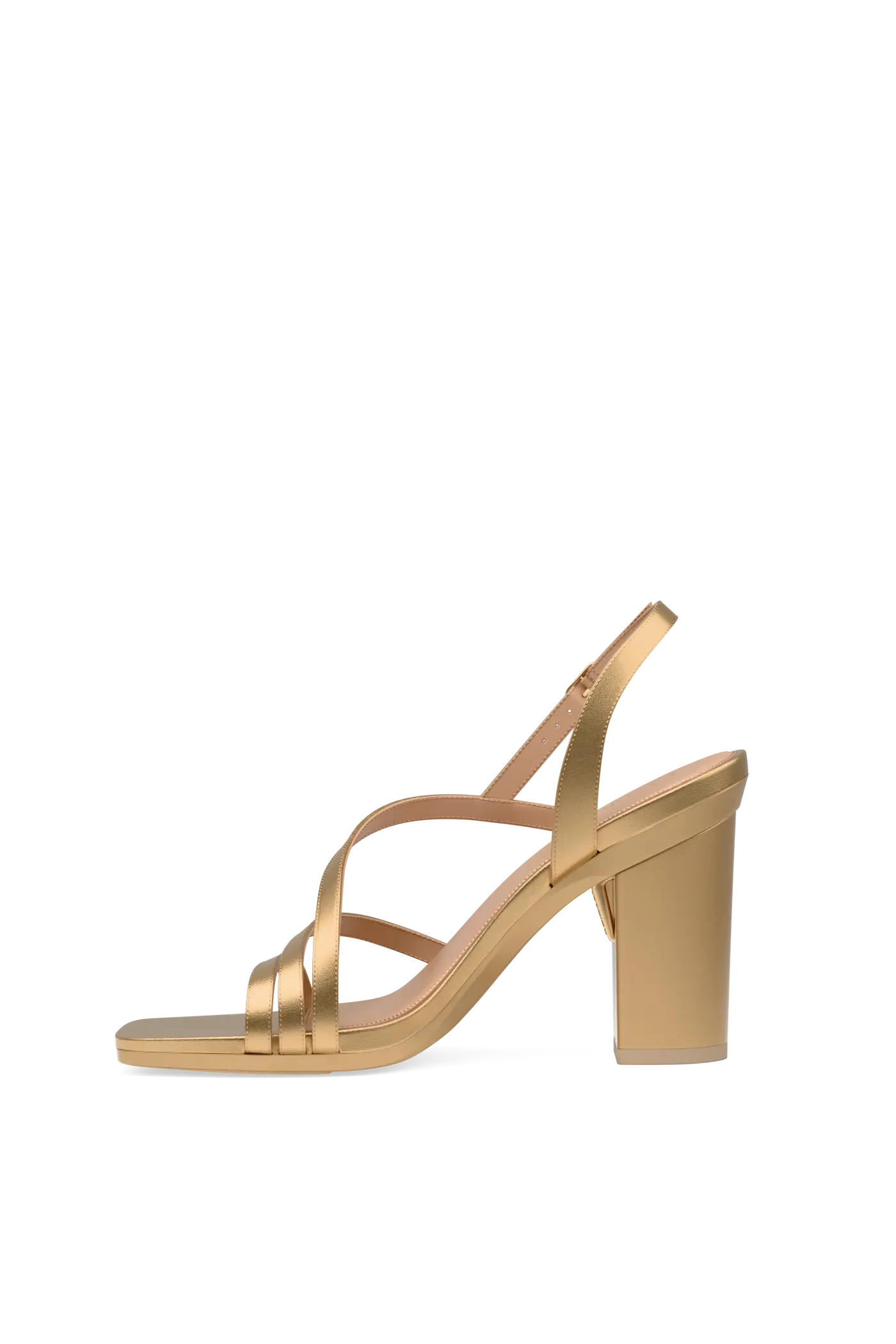 a matte gold strappy open toe block heel sandal