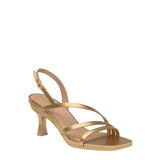 a matte gold strappy open toe flare stiletto kitten heel sandal