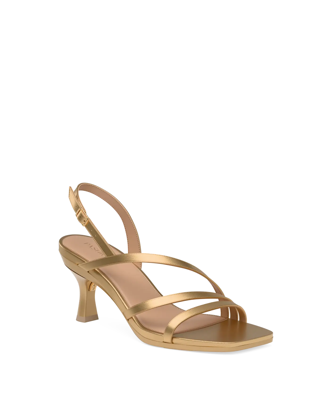 a matte gold strappy open toe flare stiletto kitten heel sandal