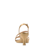 back view of a matte gold strappy open toe flare stiletto kitten heel sandal