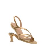 a convertible, matte gold strappy open toe flare stiletto kitten heel sandal