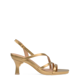 a matte gold strappy open toe flare stiletto kitten heel sandal