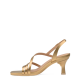 a matte gold strappy open toe flare stiletto kitten heel sandal