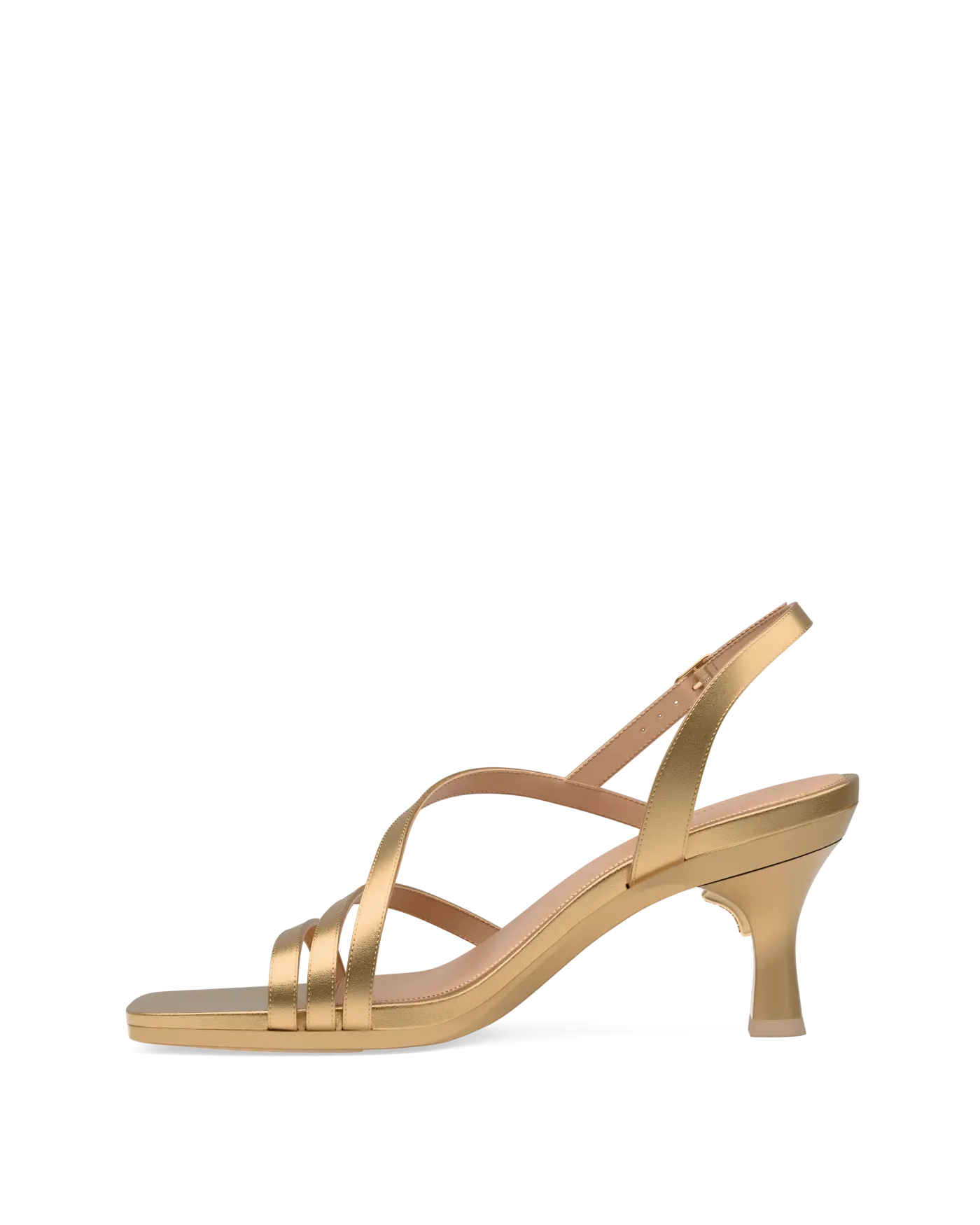 a matte gold strappy open toe flare stiletto kitten heel sandal