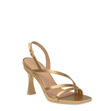 a convertible matte gold strappy open toe flare stiletto high heel sandal