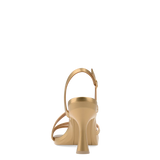 a convertible matte gold strappy open toe flare stiletto high heel sandal