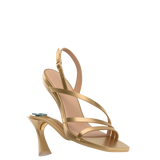 a convertible matte gold strappy open toe flare stiletto high heel sandal