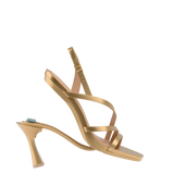 a convertible matte gold strappy open toe flare stiletto high heel sandal