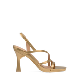a matte gold strappy open toe flare stiletto high heel sandal