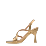a matte gold strappy open toe flare stiletto high heel sandal